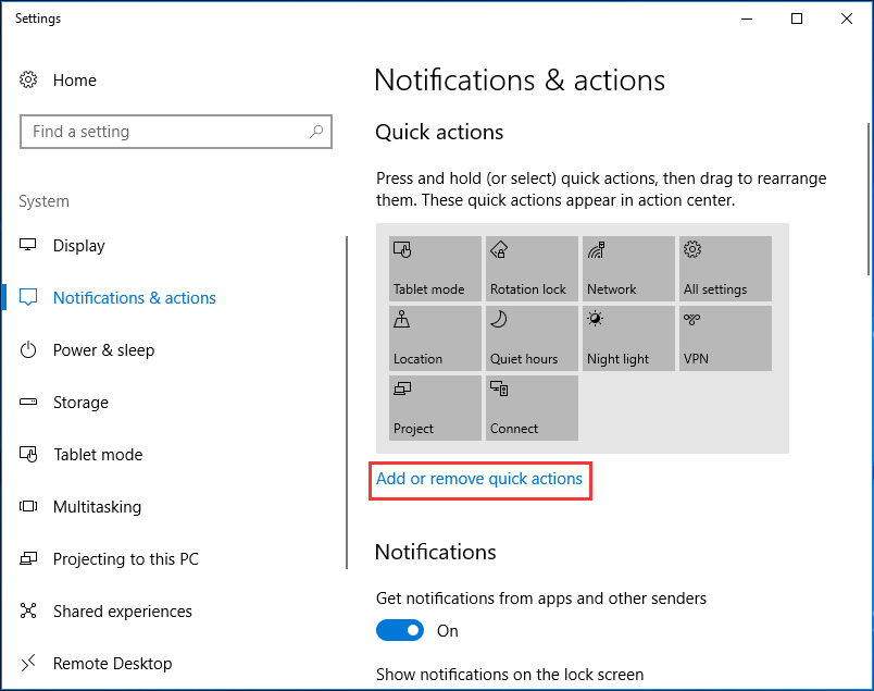 add or remove quick actions
