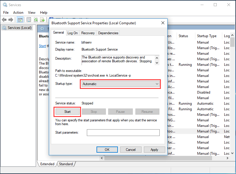 set Bluetooth Service to automatic