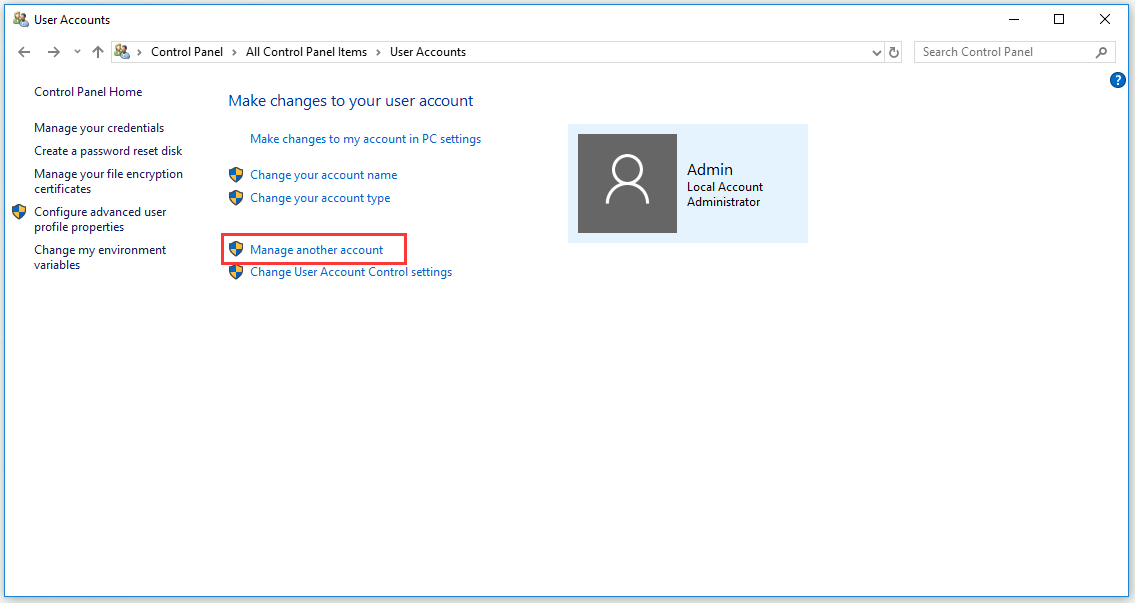 click Manage another account
