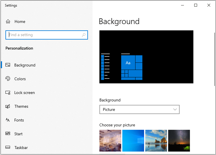 find the Background section in the right pane of the Settings window