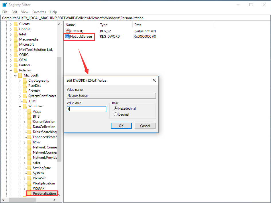 disable lock screen Windows 10 via Registry