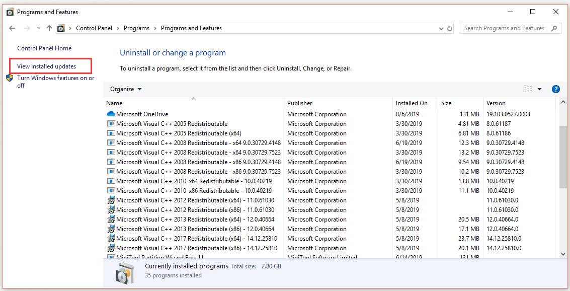 click View installed updates