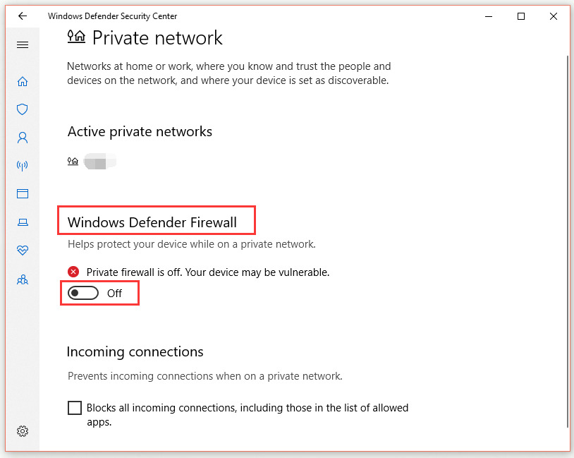 turn off Windows Defender Firewall