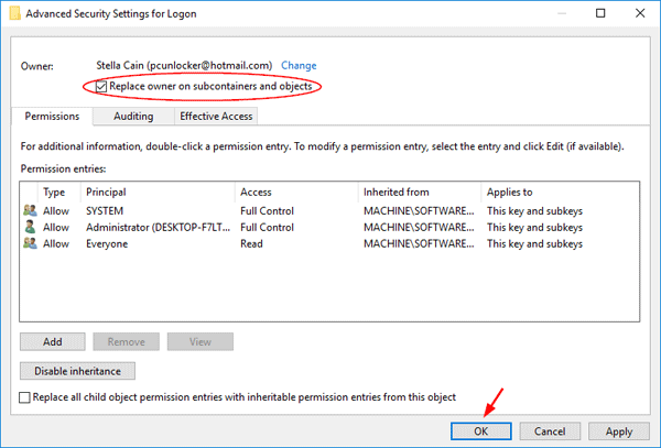 check the Replace owner on subcontainers and objects box