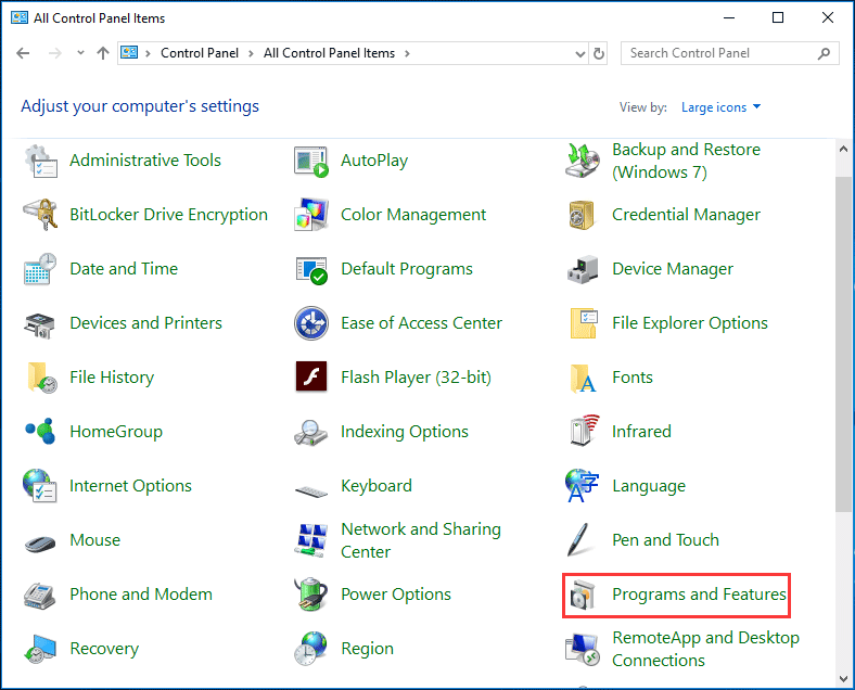 programs and features in control panel