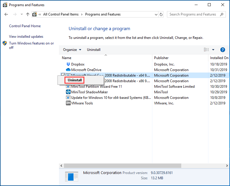 uninstall Microsoft Visual C++ Redistributable Package