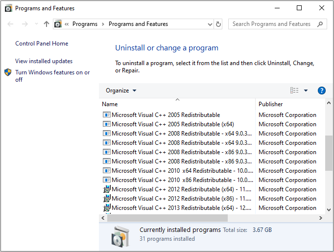 open the Programs and Features window
