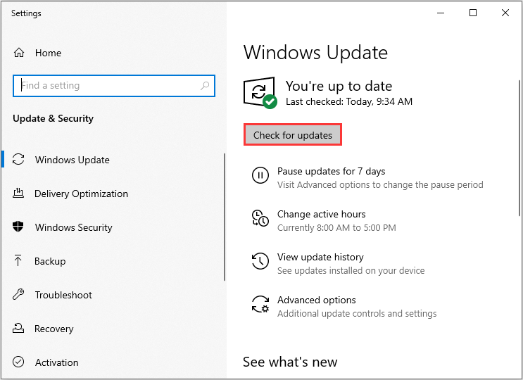 click the Check for updates button