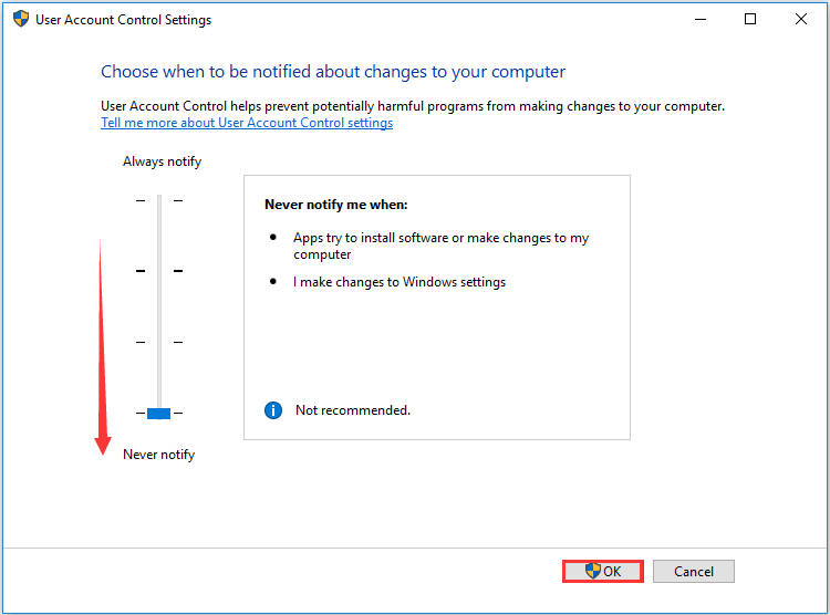 drag the slider control to never notify