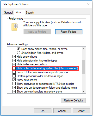 uncheck the option hide protected operating system files