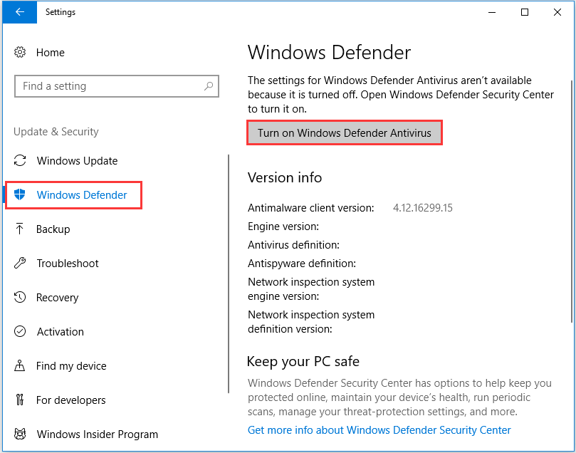 choose Turn on Windows Defender Antivirus to continue