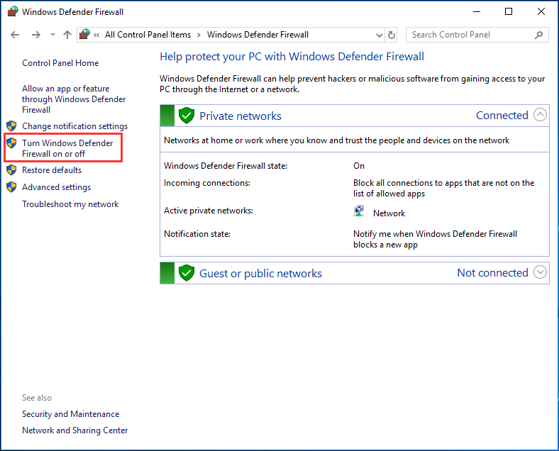 Turn Windows Defender Firewall on or off