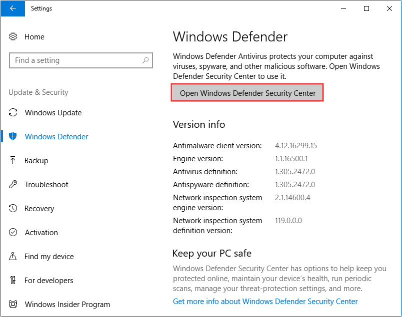 choose Open Windows Defender Security Center