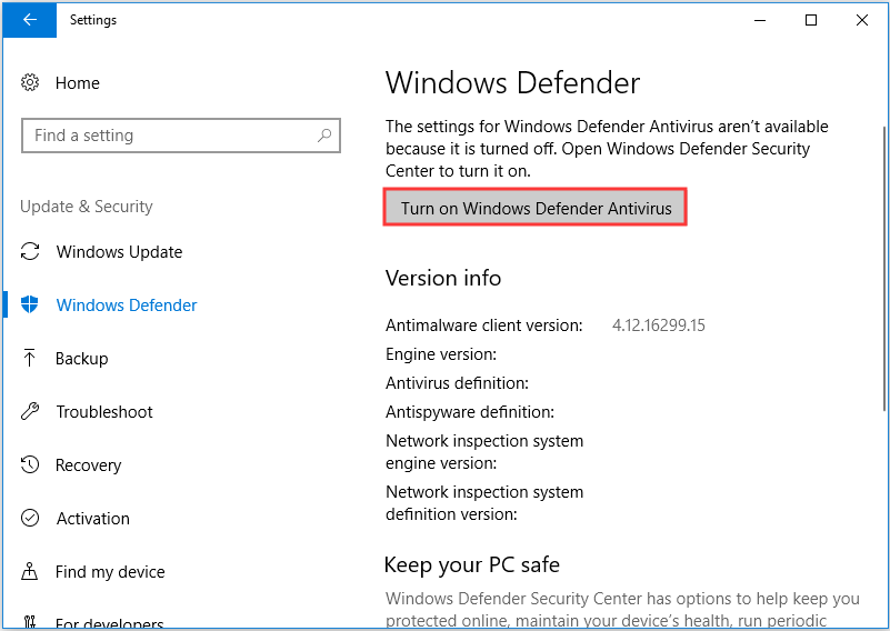 choose Turn on Windows Defender Antivirus to continue
