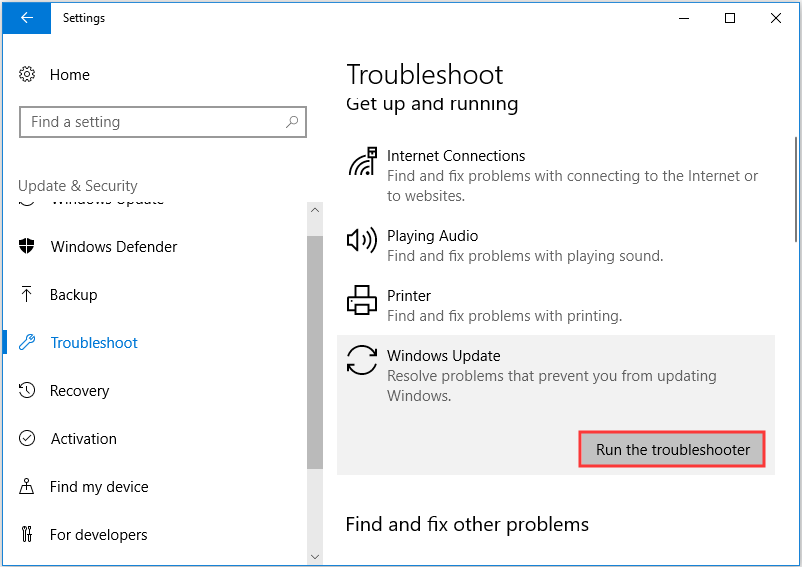 choose Run the troubleshooter to continue