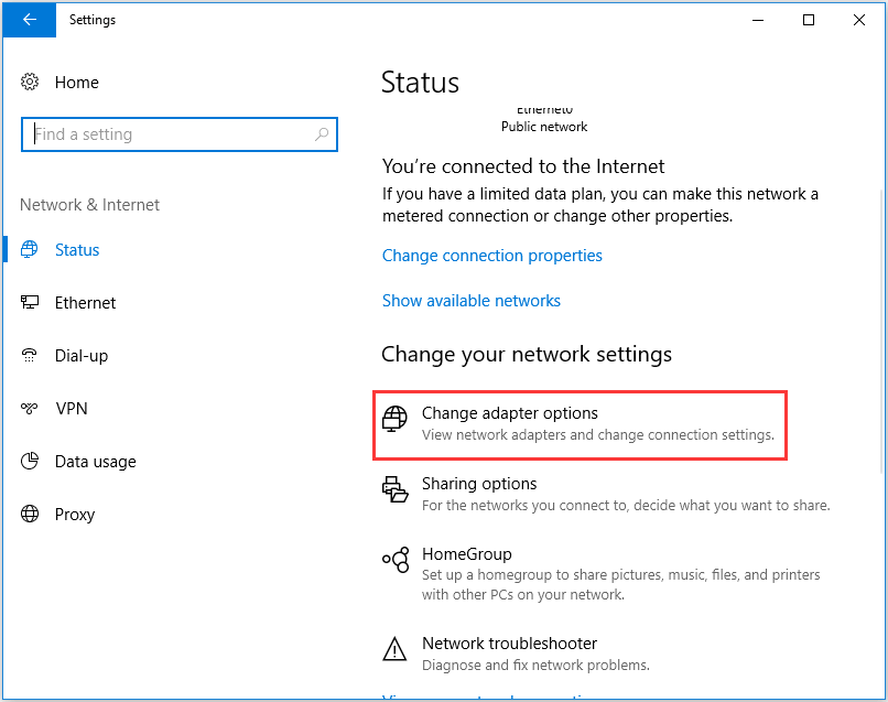 choose Change adapter options to continue