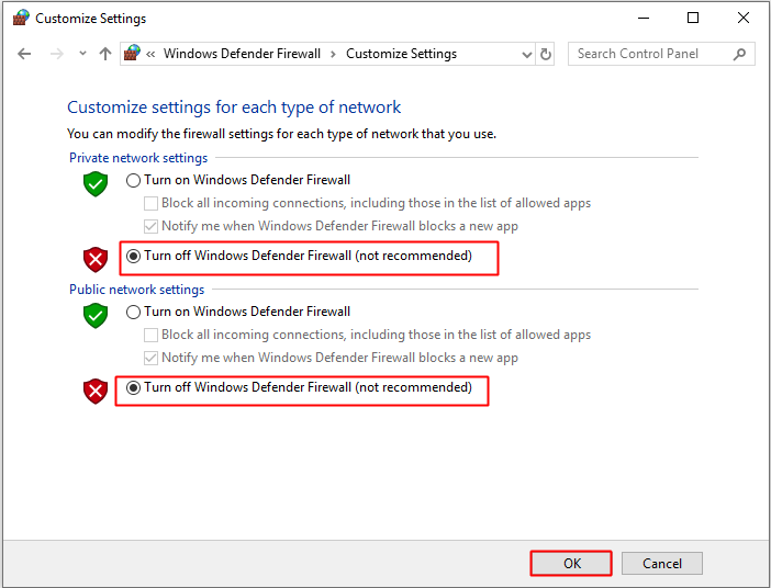 select Turn off Windows Firewall