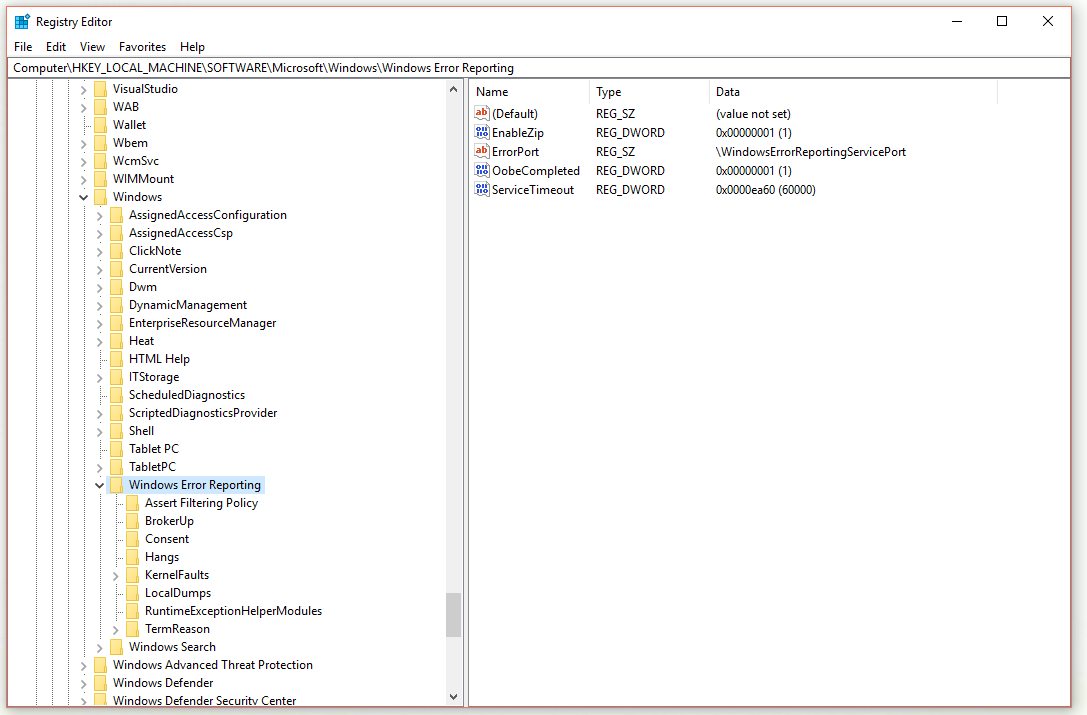 locate the Windows Error Reporting key in Registry Editor
