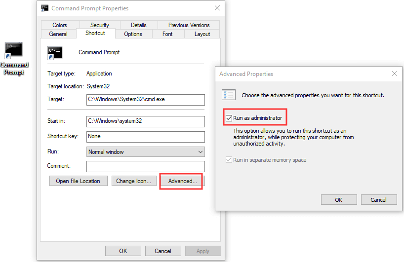 create a shortcut for elevated Command Prompt