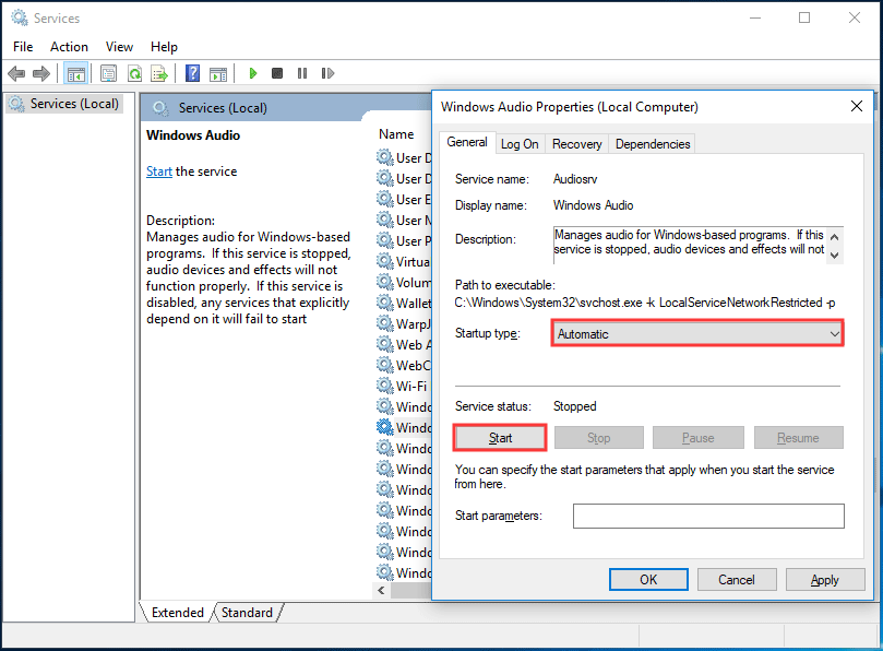 restart Windows audio related services