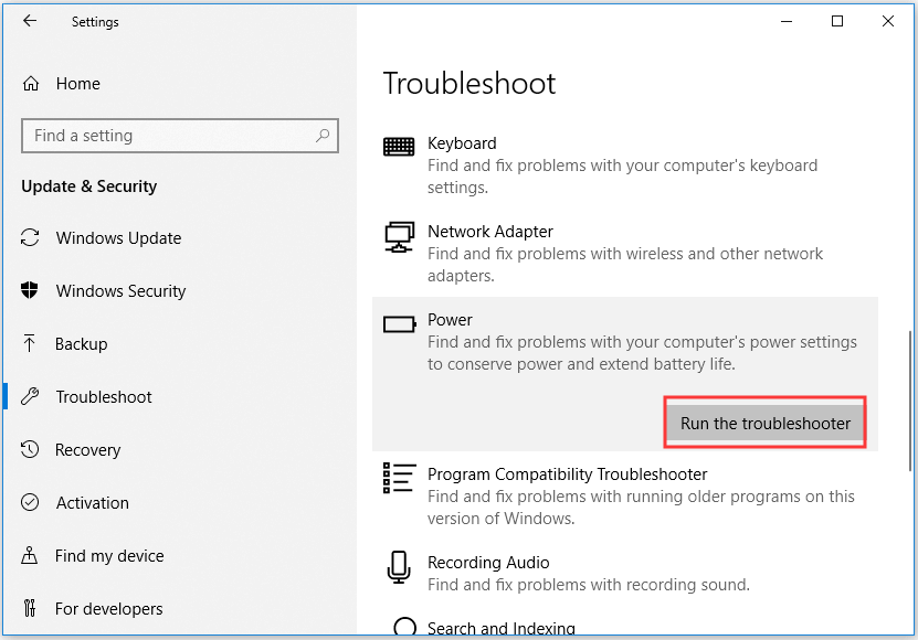 troubleshoot computer Power settings