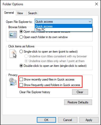 disable Windows 10 Quick Access
