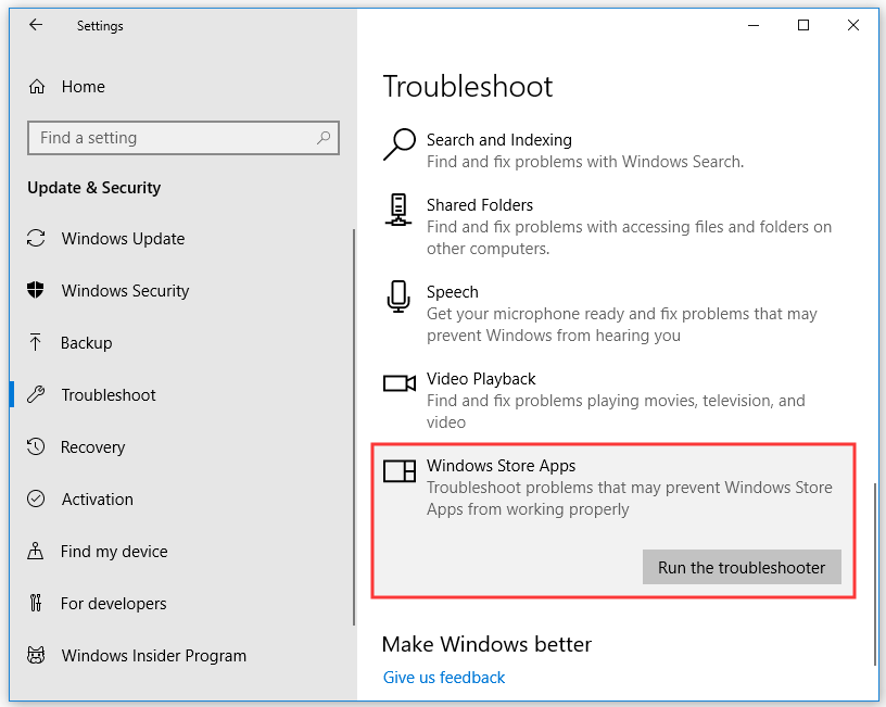 run the Windows Store troubleshooter