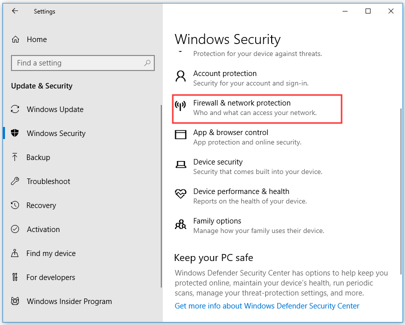 click Firewall and network protection