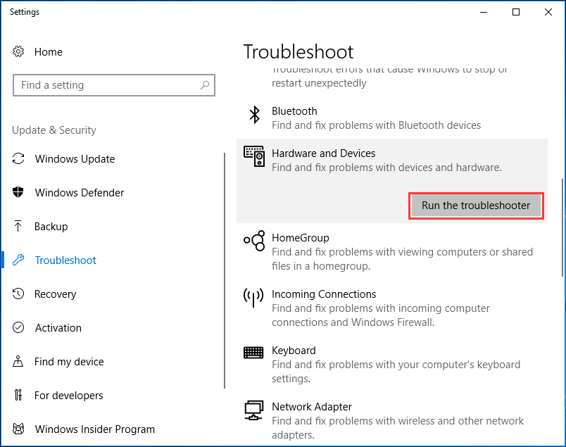 run hardware troubleshooter