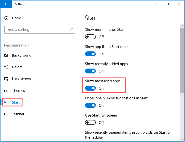 turn the Show most used apps switch on
