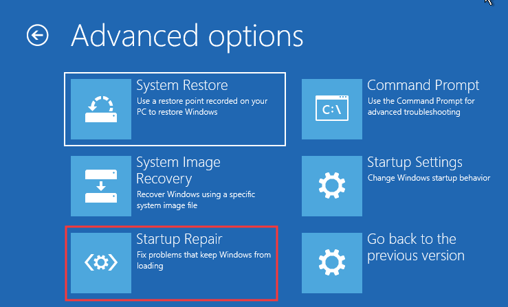 choose startup repair to continue