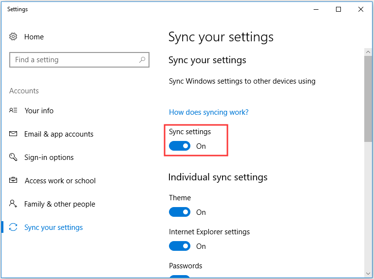 switch sync settings to on