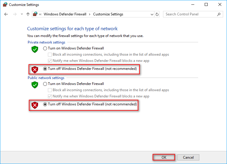 Turn off Windows Defender Firewall