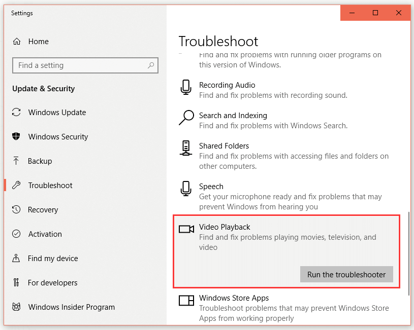 run the Video Playback troubleshooter