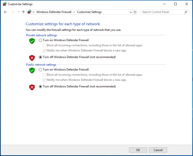 turn off Windows Defender Firewall