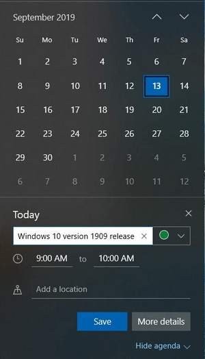 Create events via Calendar flyout