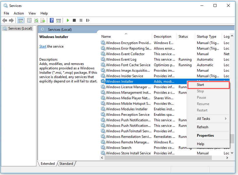 start the Windows Installer service