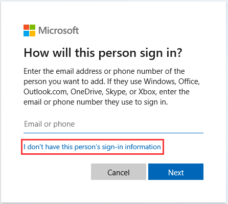 select the I dont have this persons sign in information option