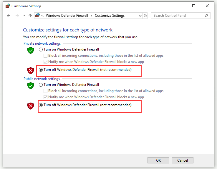 turn off Windows Defender Firewall