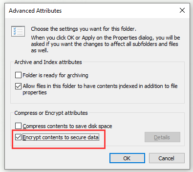 check if Encrypt contents to secure data is checked