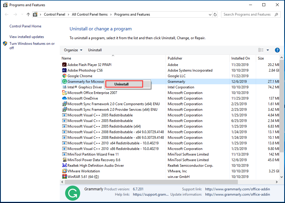 uninstall a program in Control Panel
