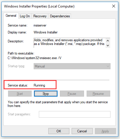 make sure Service status of Windows Installer is Running
