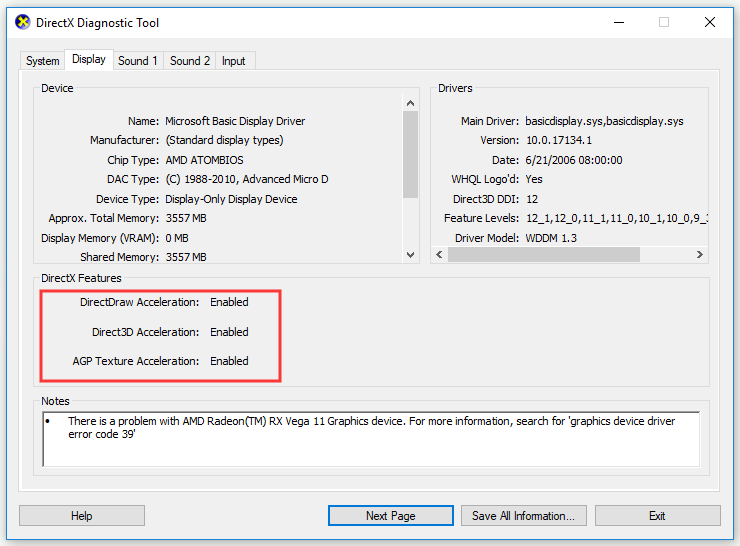 check if the DirectX Features are enabled