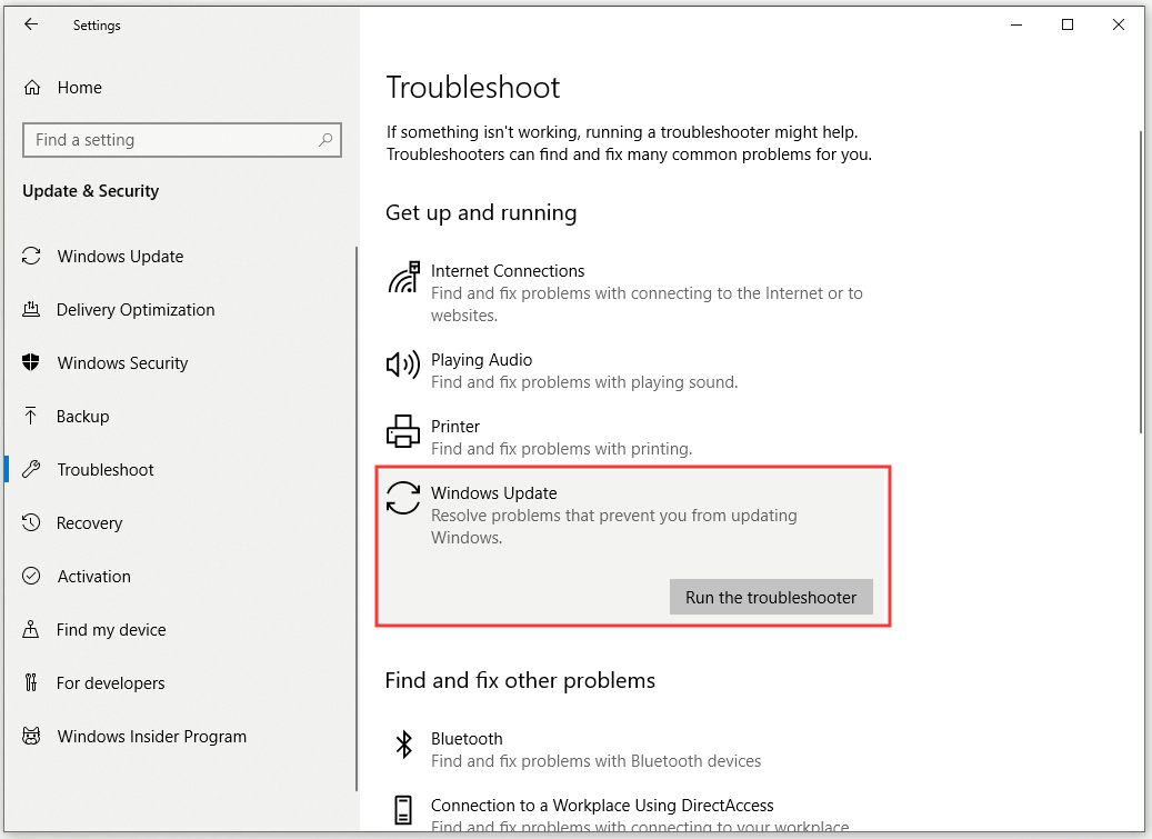 run the Windows Update troubleshooter