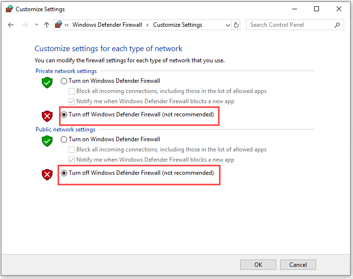 Turn off Windows Defender Firewall