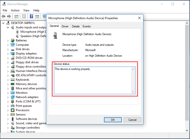 device status in Device Manager