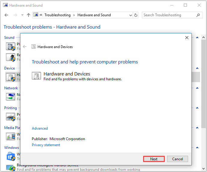 run Hardware and Devices troubleshooter