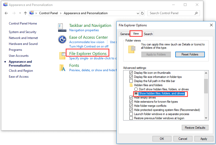 show hidden files in Windows with Control Panel