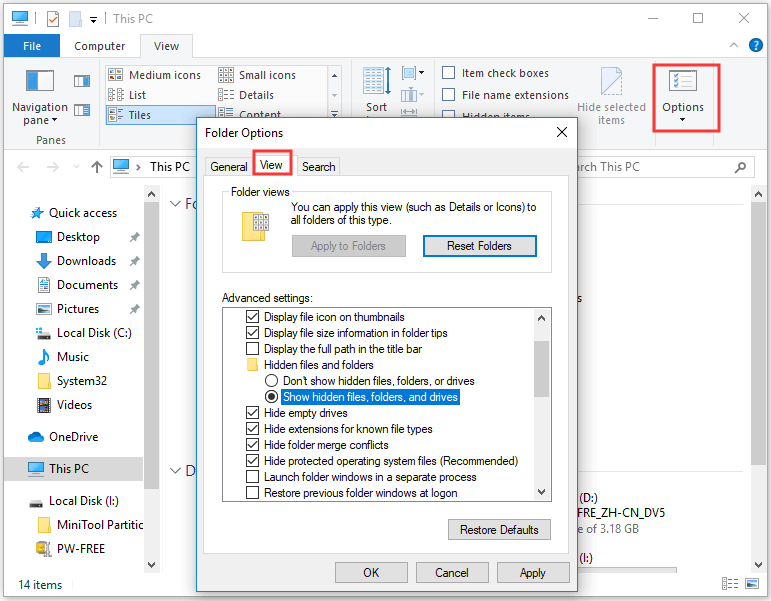 show hidden files and folders in Folder Options