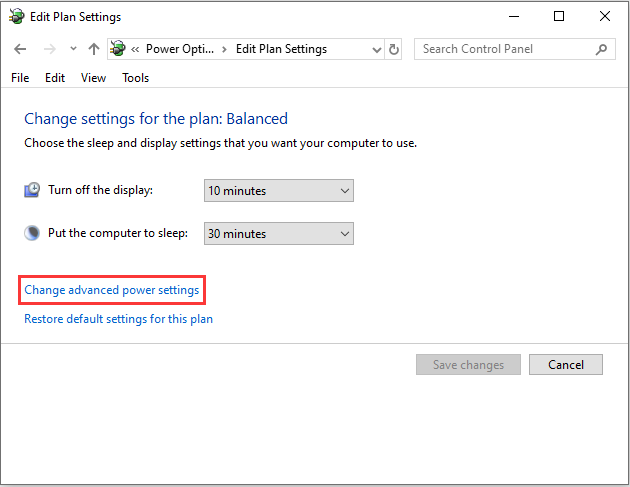 click the Change advanced power settings link